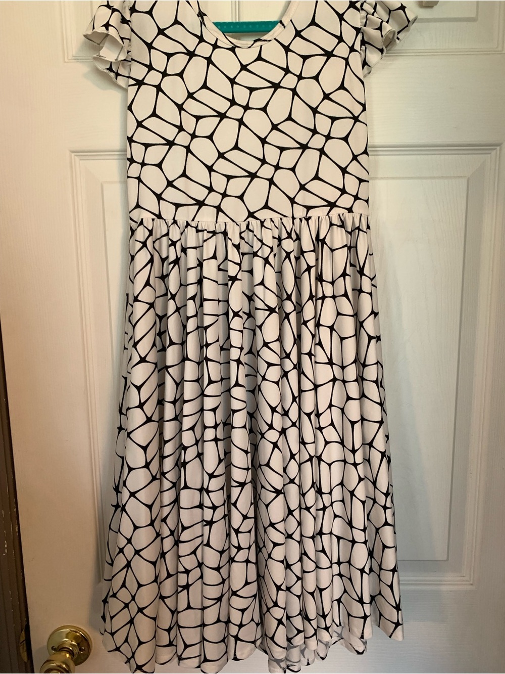 Girl’s Dot Dot Smile Black & White Geo Ruffle Sleeve Dress